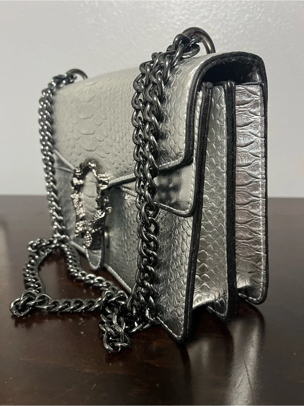 Silver Textured Chain Shoulder Bag